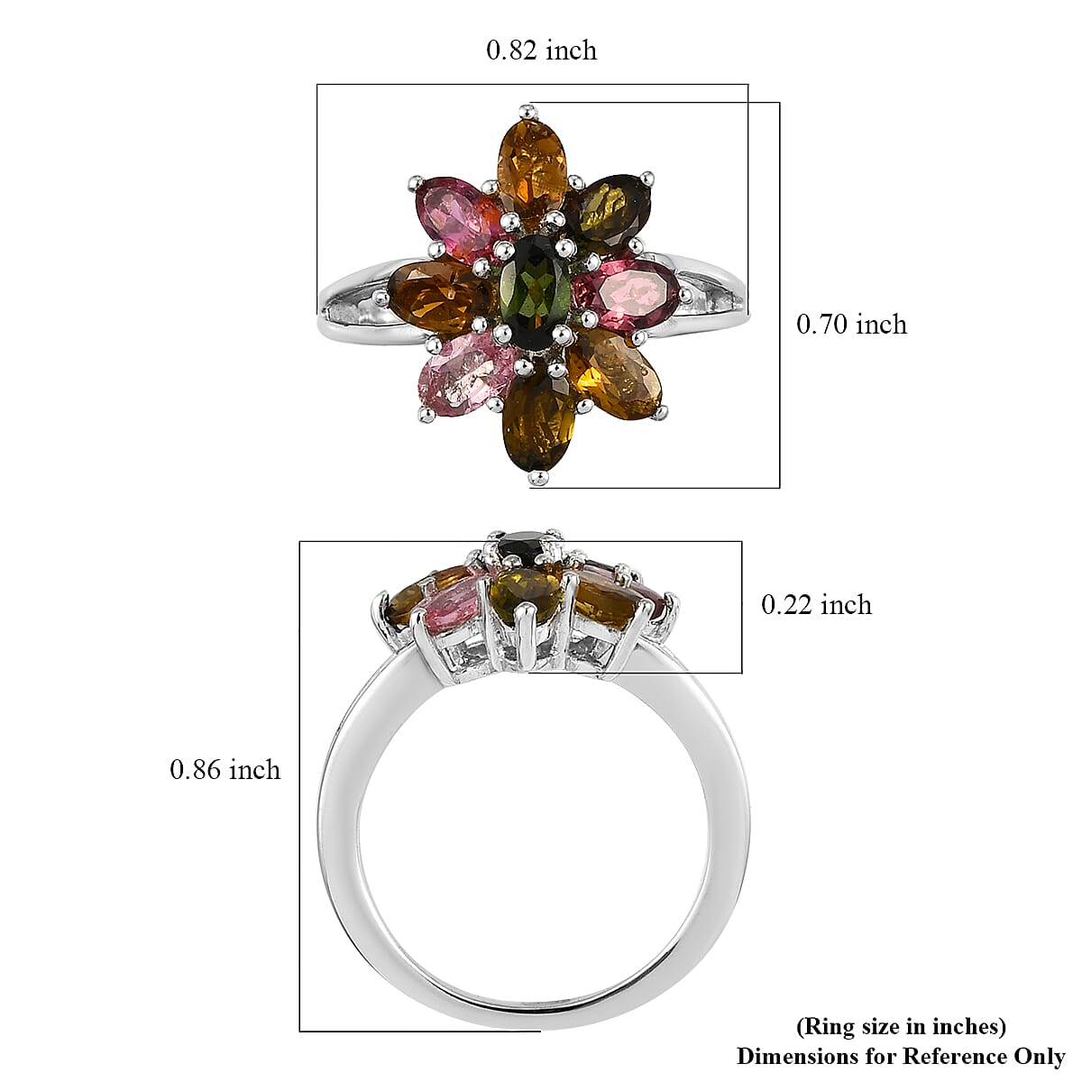 Multi-Tourmaline Floral Ring in Platinum Over Sterling Silver (Size 10.0) 2.15 ctw