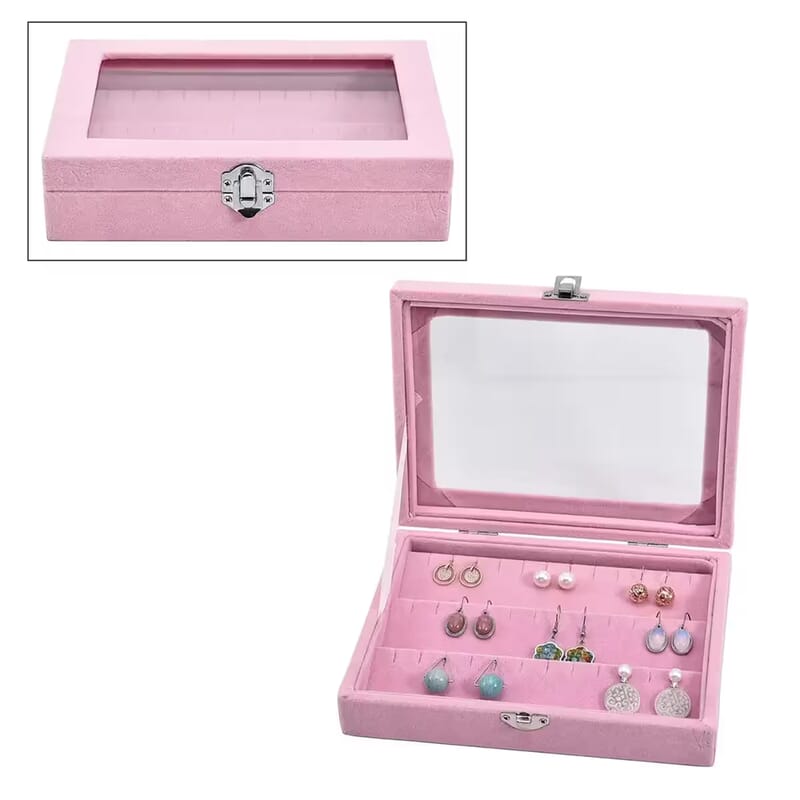 Livmore Pink Velvet Earrings Box with Glass Window