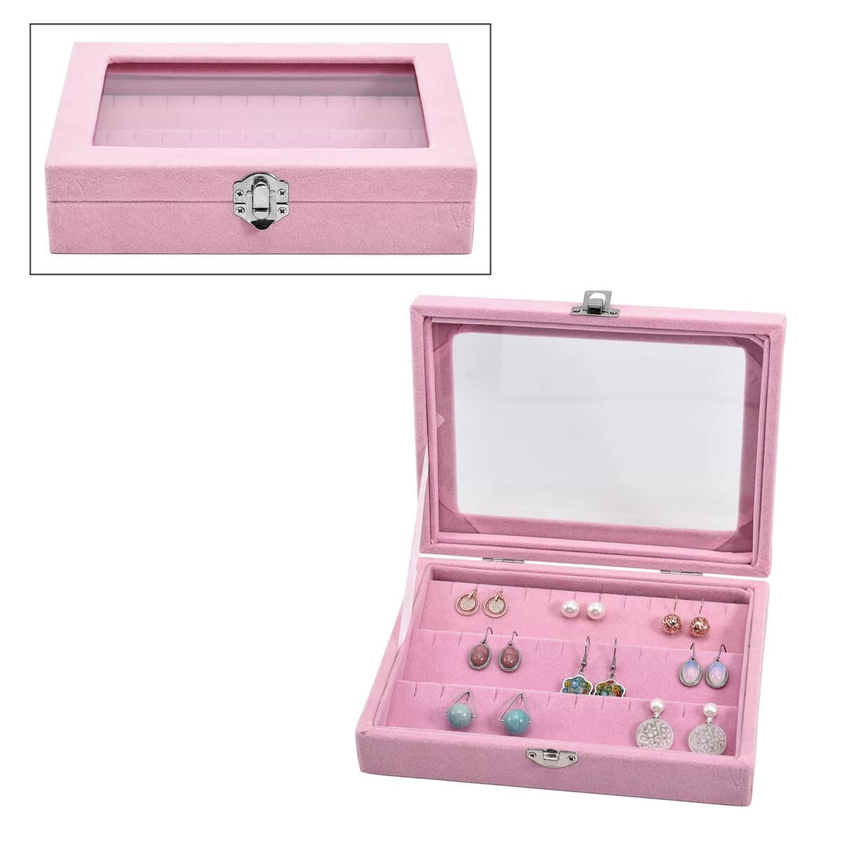 Pink Velvet Earrings Box with Glass Window image number 0