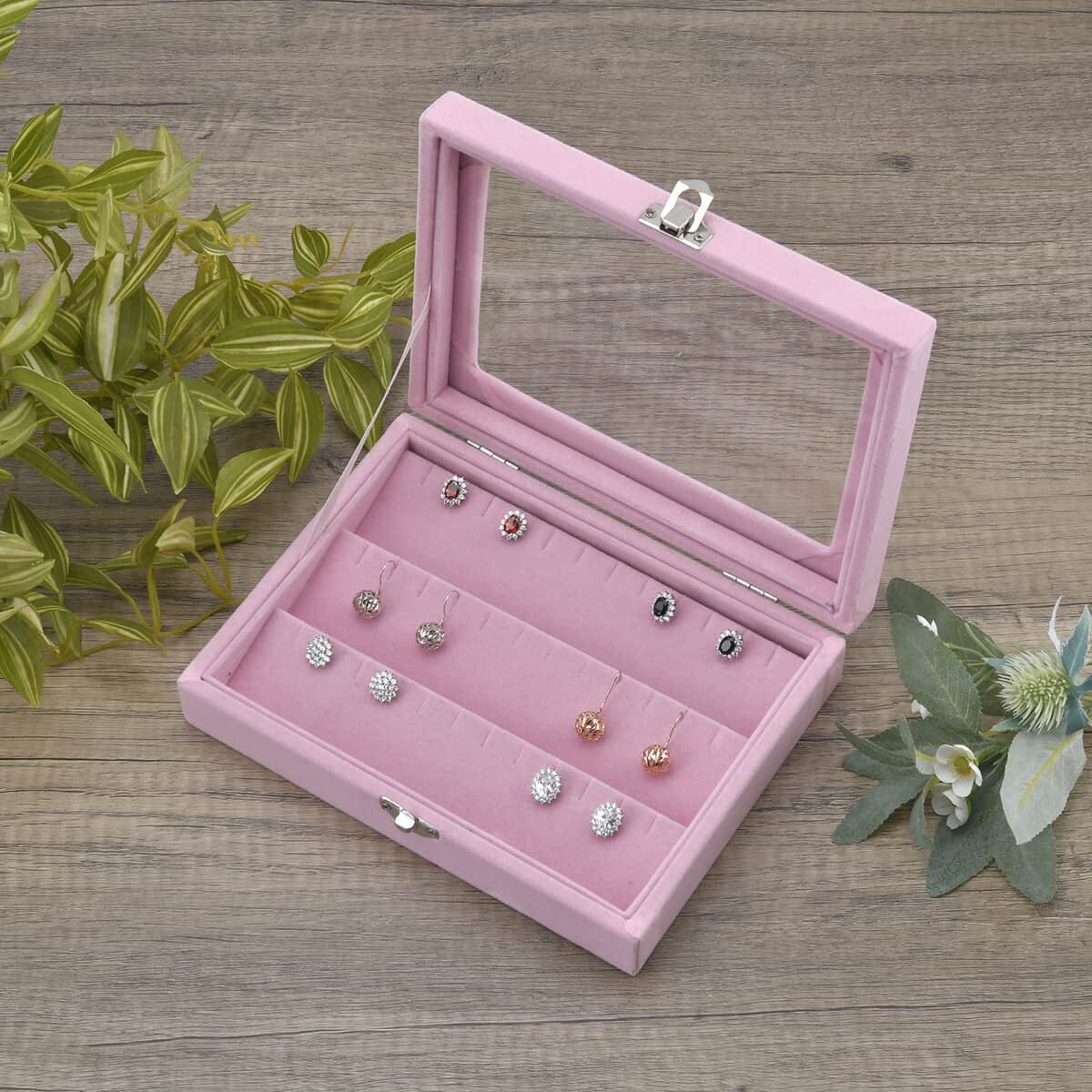 Pink Velvet Earrings Box with Glass Window image number 1