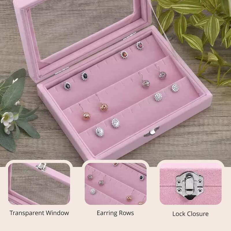 Livmore Pink Velvet Earrings Box with Glass Window