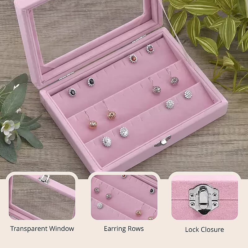 Livmore Pink Velvet Earrings Box with Glass Window