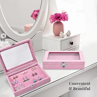 Livmore Pink Velvet Earrings Box with Glass Window