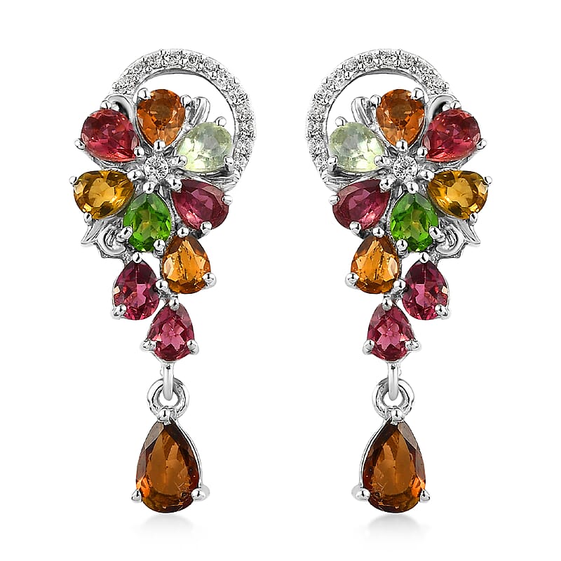 Multi-Tourmaline and White Zircon Drop Earrings in Platinum Over Sterling Silver 3.40 ctw