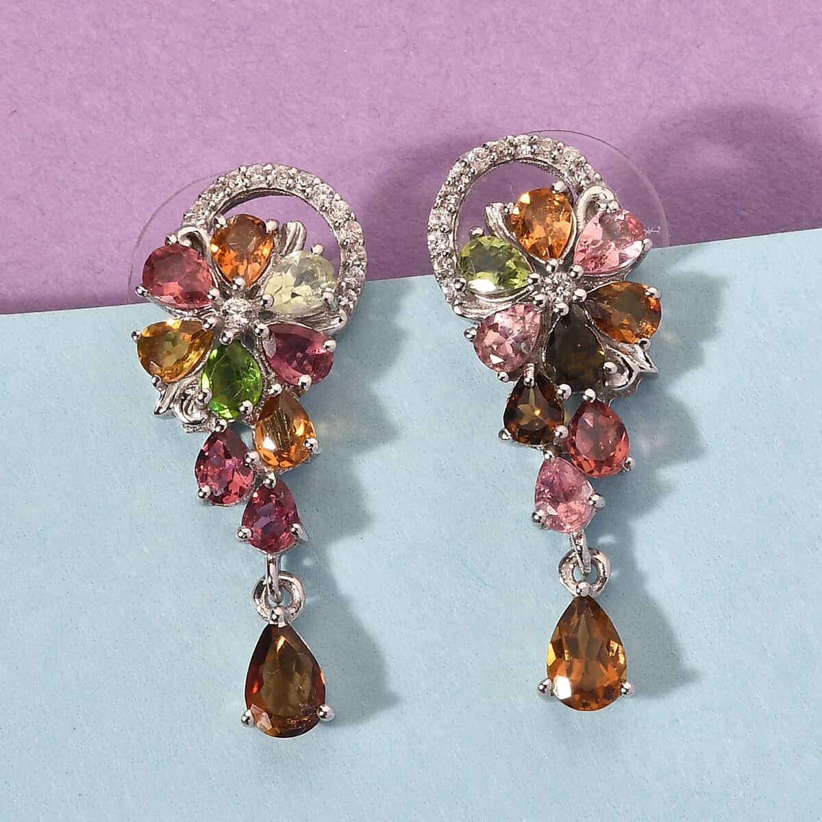 Multi-Tourmaline and White Zircon Drop Earrings in Platinum Over Sterling Silver 3.40 ctw image number 1