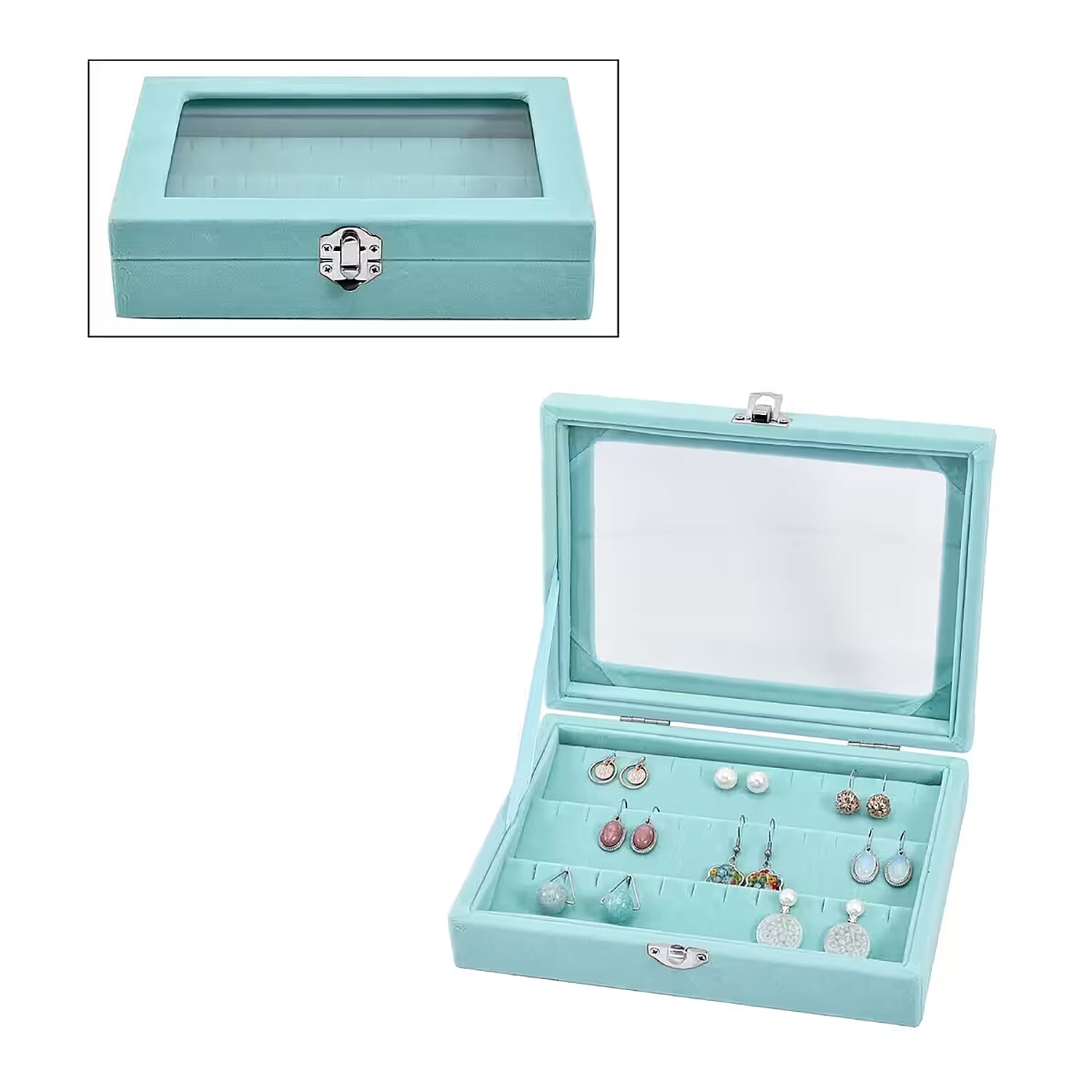 Livmore Turquoise Blue Velvet Earrings Box with Glass Window
