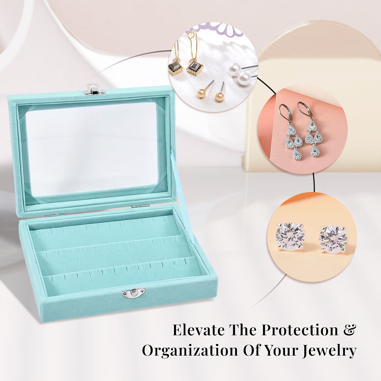 Livmore Turquoise Blue Velvet Earrings Box with Glass Window