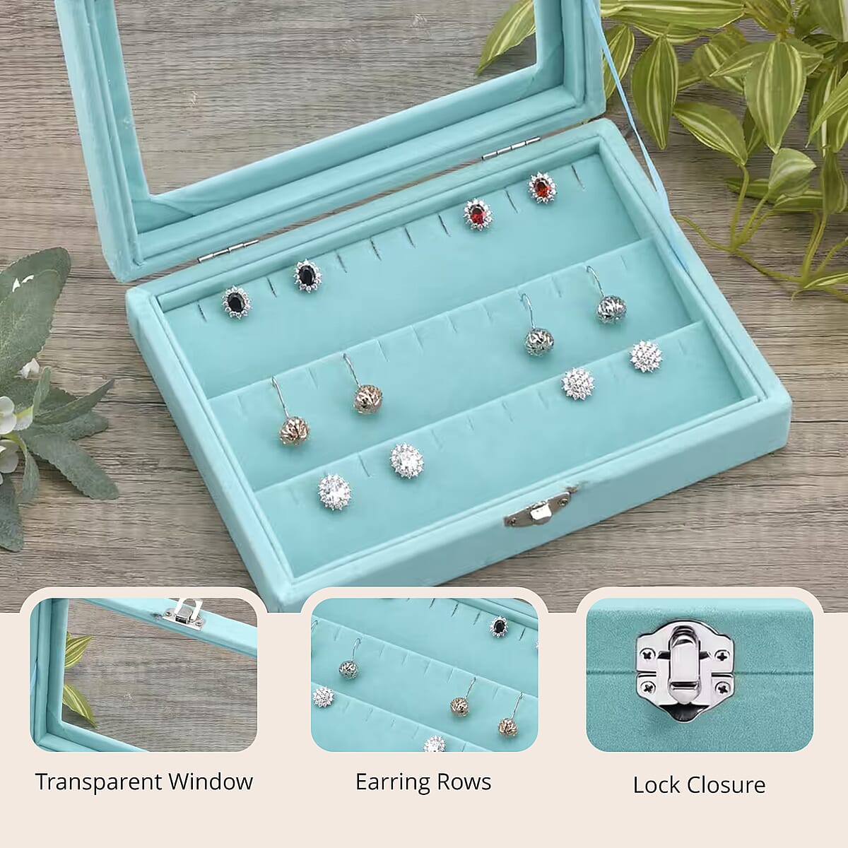 Livmore Turquoise Blue Velvet Earrings Box with Glass Window image number 2