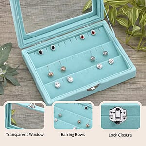 Livmore Turquoise Blue Velvet Earrings Box with Glass Window