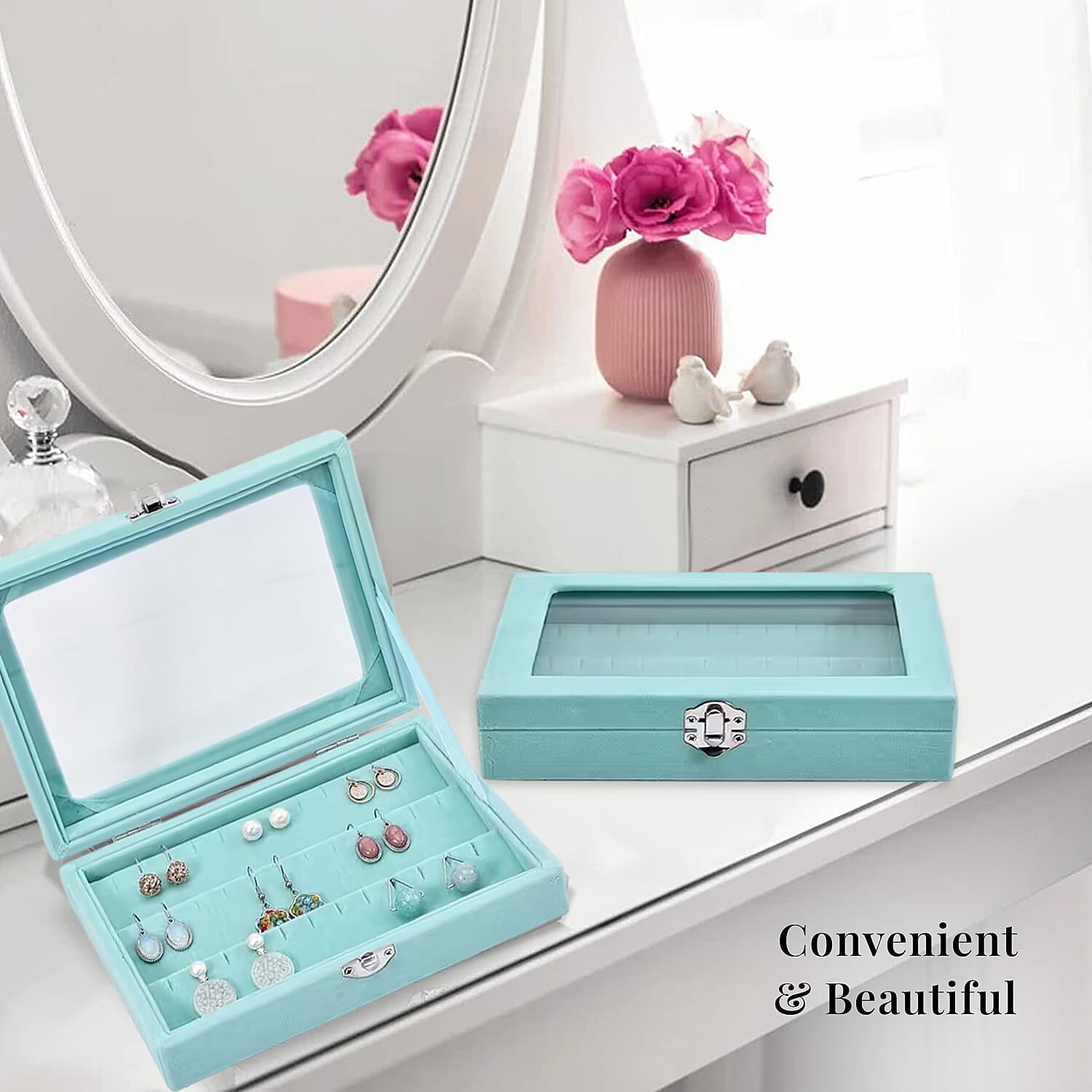 Livmore Turquoise Blue Velvet Earrings Box with Glass Window