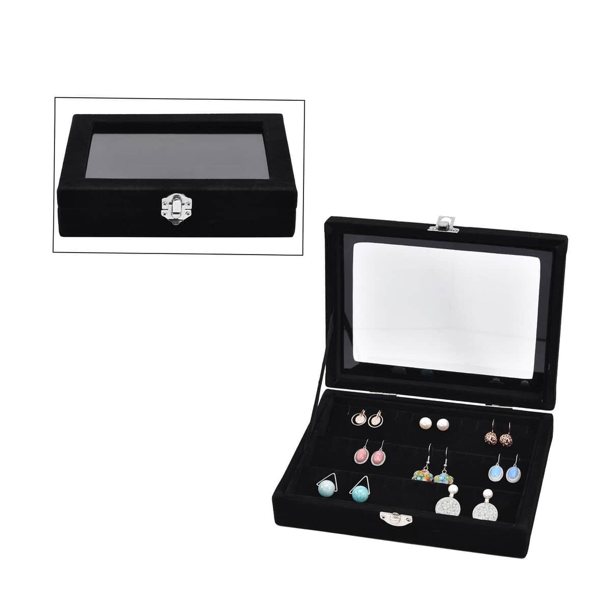 Black Velvet Earrings Box with Glass Window image number 0