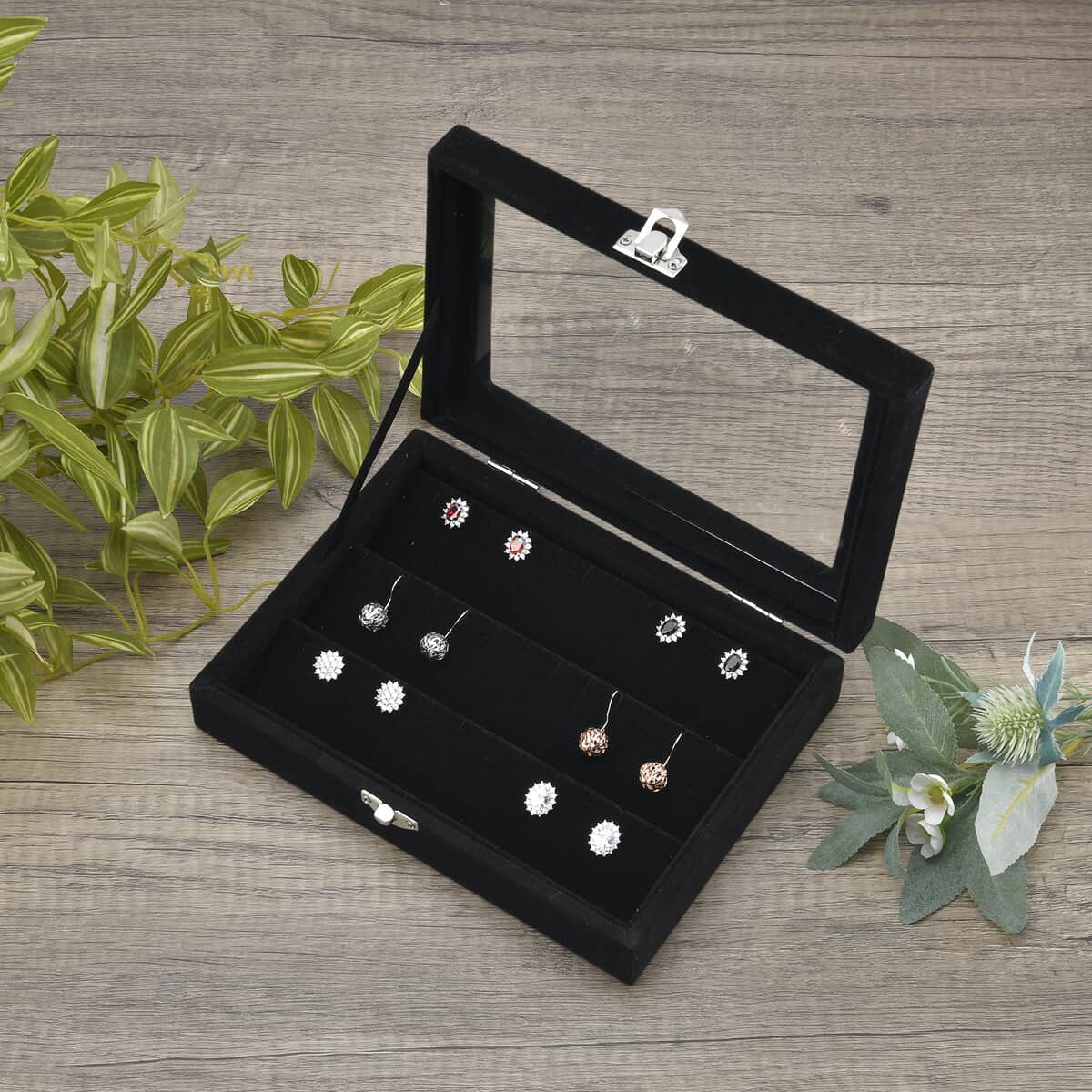 Black Velvet Earrings Box with Glass Window image number 1