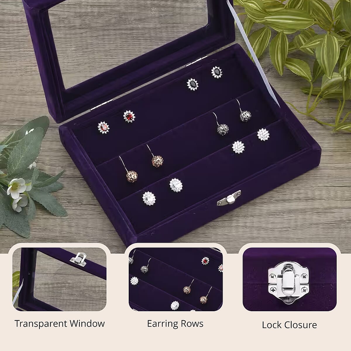 Livmore Purple Velvet Earrings Box with Glass Window image number 2