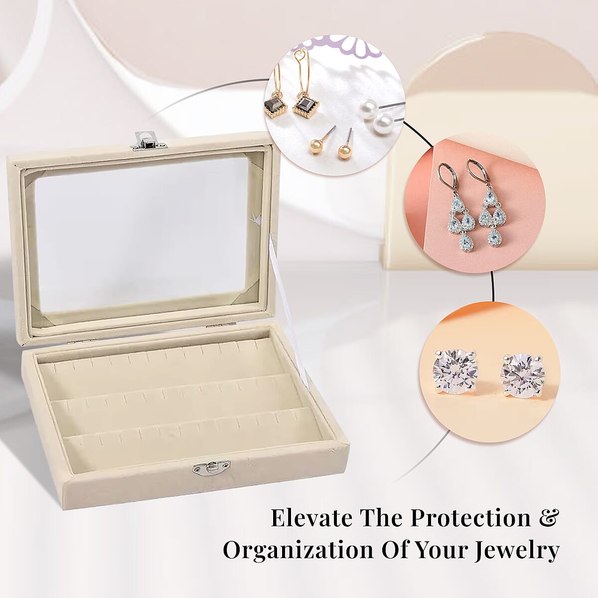 Livmore Cream Velvet Earrings Box with Glass Window image number 1