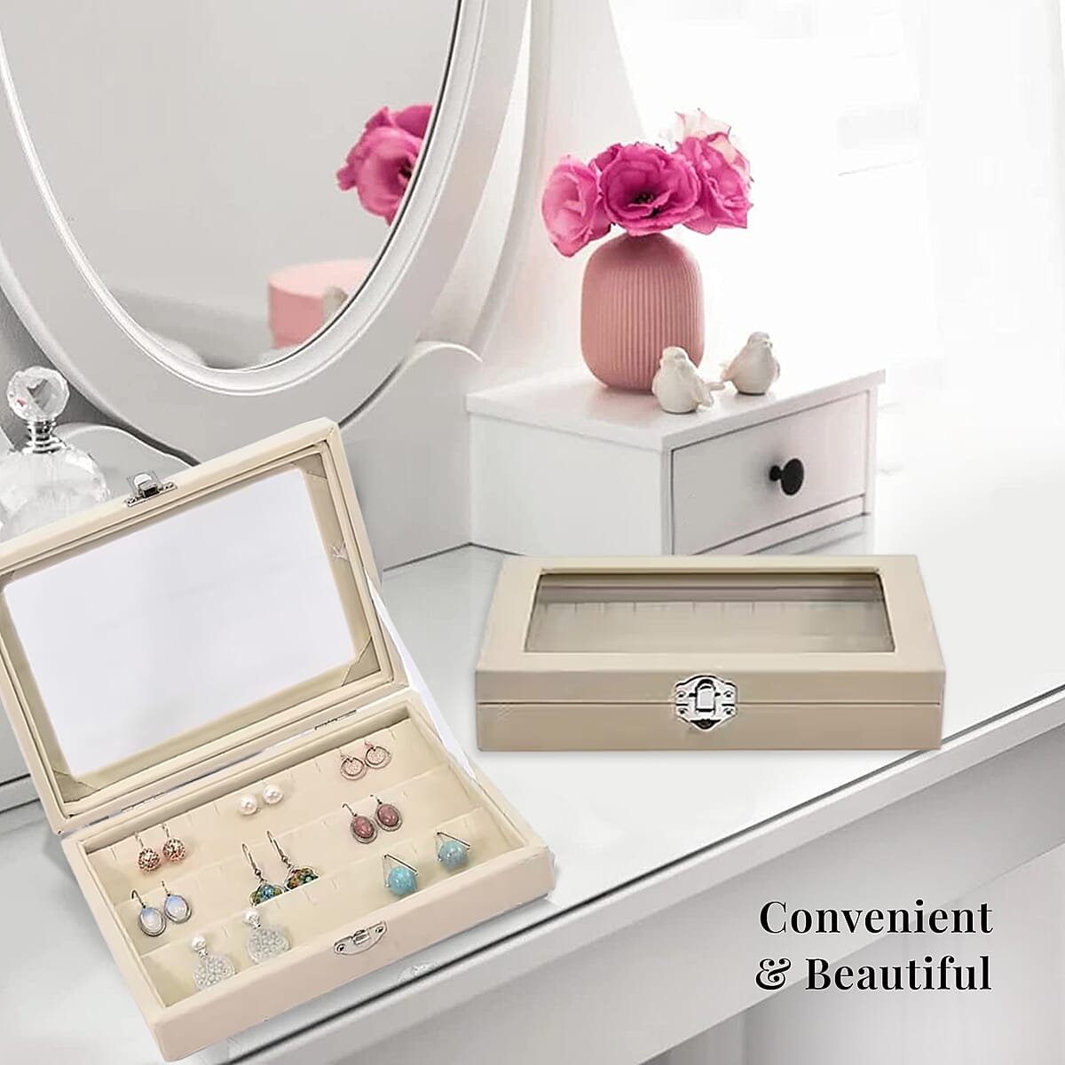 Livmore Cream Velvet Earrings Box with Glass Window image number 5