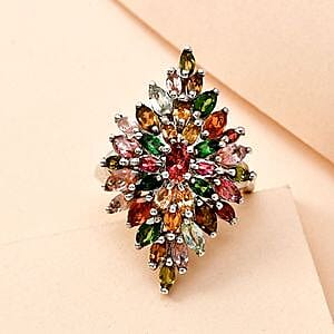 Multi-Tourmaline 3.69 ctw Cluster Ring in Platinum Over Sterling Silver (Size 10)