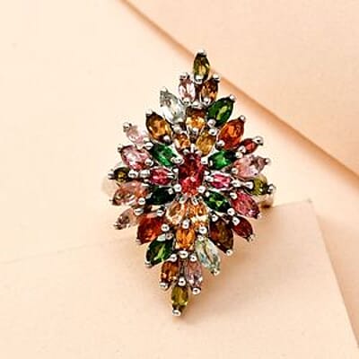 Multi-Tourmaline 3.69 ctw Cluster Ring in Platinum Over Sterling Silver (Size 10)