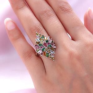 Multi-Tourmaline 3.69 ctw Cluster Ring in Platinum Over Sterling Silver (Size 10)