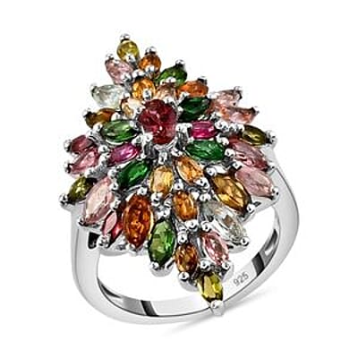 Multi-Tourmaline 3.69 ctw Cluster Ring in Platinum Over Sterling Silver (Size 10)