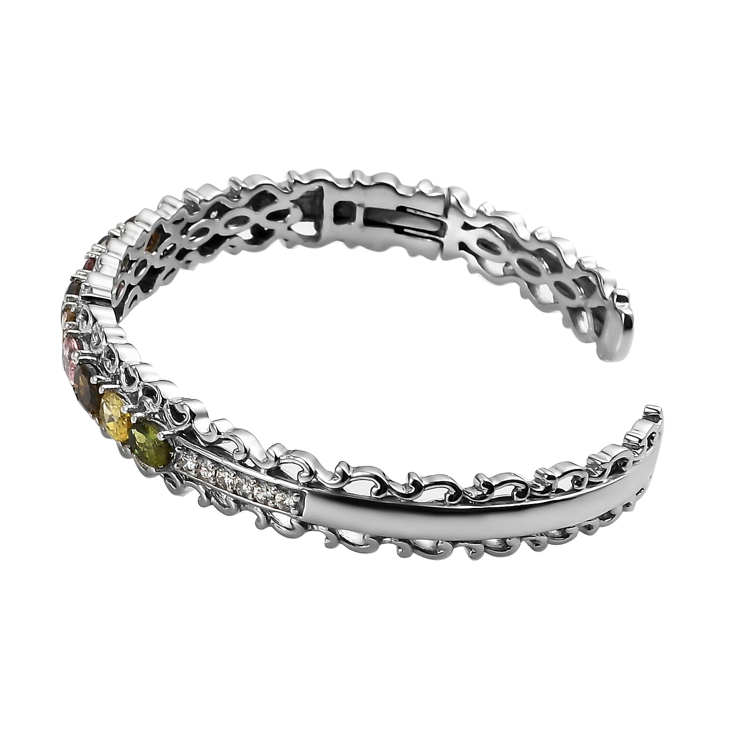 Multi-Tourmaline and White Zircon Cuff Bracelet in Platinum Over Sterling Silver (7.25 In) 4.50 ctw
