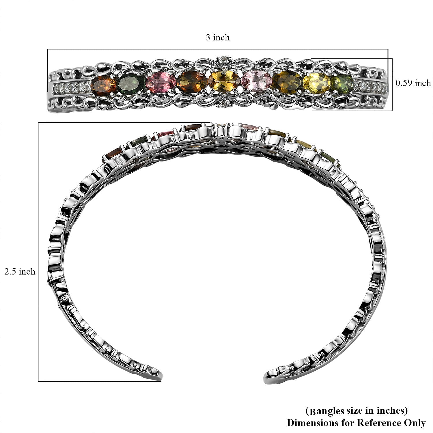 Multi-Tourmaline and White Zircon Cuff Bracelet in Platinum Over Sterling Silver (7.25 In) 4.50 ctw