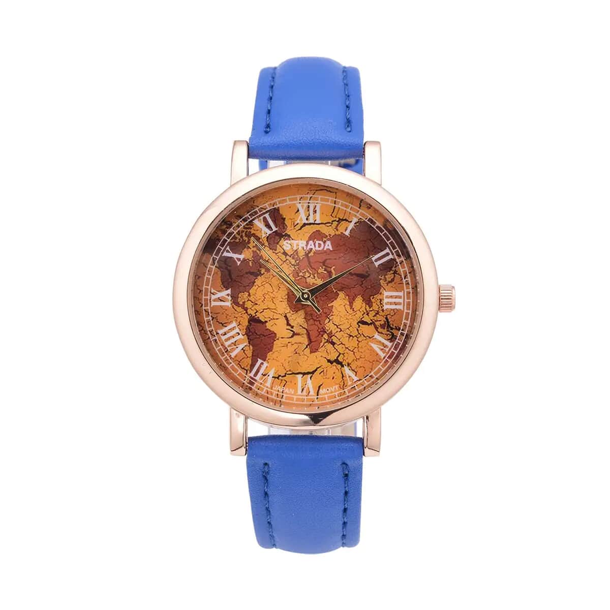 Strada Japanese Movement Earth Pattern Dial Watch in Blue Faux Leather Strap (37mm) (6.75 -8.50 Inches) image number 0