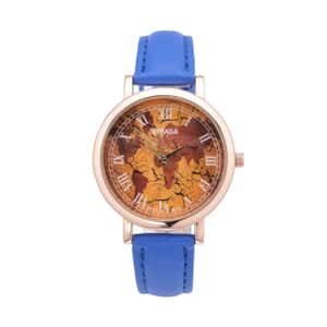 Strada Japanese Movement Earth Pattern Dial Watch in Blue Faux Leather Strap (37mm) (6.75 -8.50 Inches)