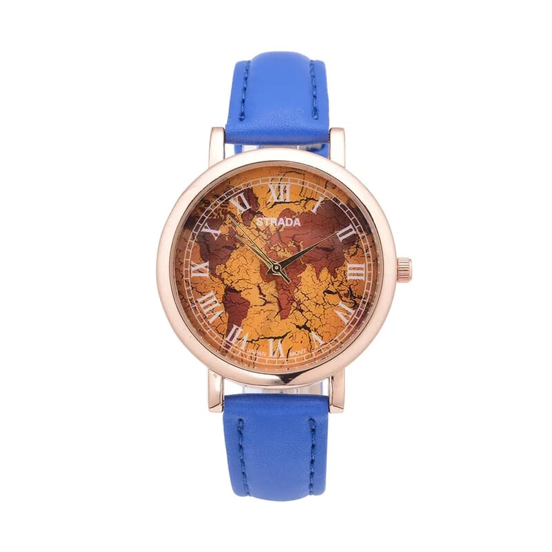Strada Japanese Movement Earth Pattern Dial Watch in Blue Faux Leather Strap (37mm) (6.75 -8.50 Inches)