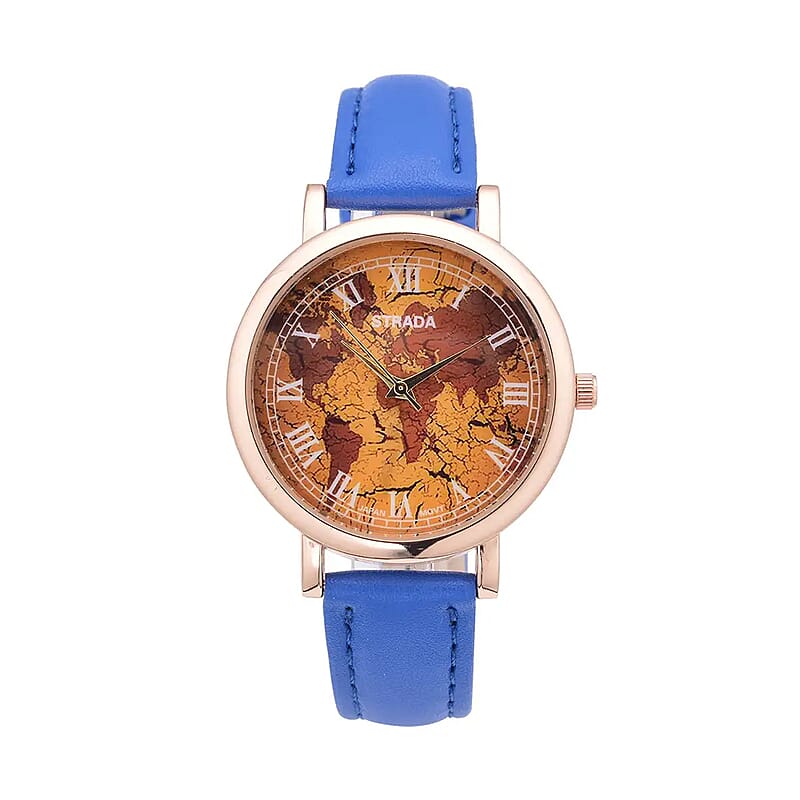 Strada Japanese Movement Earth Pattern Dial Watch in Blue Faux Leather Strap (37mm) (6.75 -8.50 Inches)