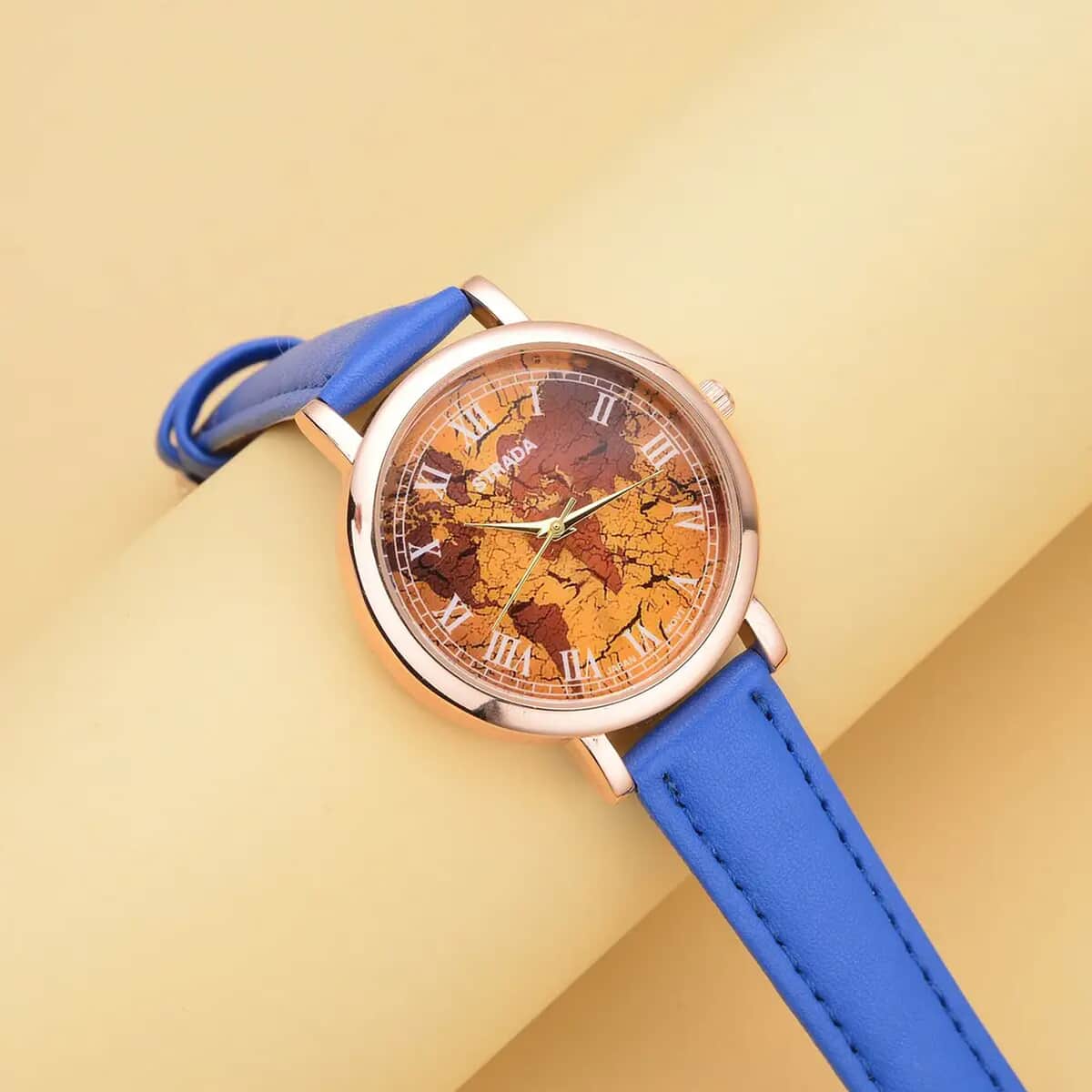 Strada Japanese Movement Earth Pattern Dial Watch in Blue Faux Leather Strap (37mm) (6.75 -8.50 Inches) image number 1