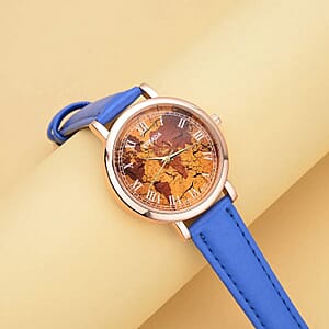 Strada Japanese Movement Earth Pattern Dial Watch in Blue Faux Leather Strap (37mm) (6.75 -8.50 Inches)