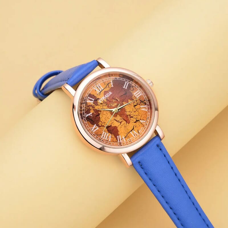Strada Japanese Movement Earth Pattern Dial Watch in Blue Faux Leather Strap (37mm) (6.75 -8.50 Inches)