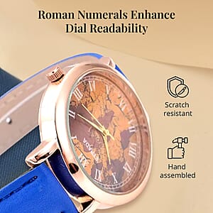 Strada Japanese Movement Earth Pattern Dial Watch in Blue Faux Leather Strap (37mm) (6.75 -8.50 Inches)