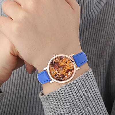 Strada Japanese Movement Earth Pattern Dial Watch in Blue Faux Leather Strap (37mm) (6.75 -8.50 Inches)