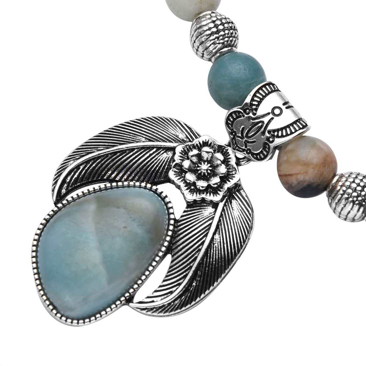 Multi Color Amazonite Floral Pendant on Beaded Necklace 18-20 Inches in Black Oxidized Silvertone 350.00 ctw image number 3