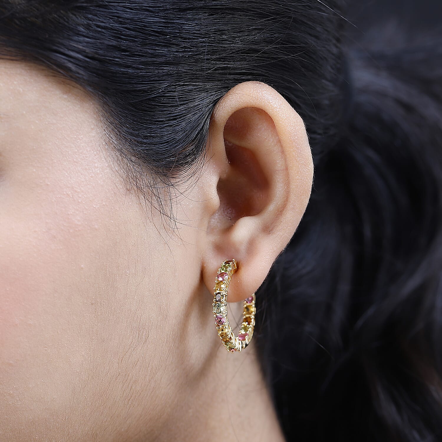 Multi-Tourmaline Inside Out Hoop Earrings in Vermeil Yellow Gold Over Sterling Silver 4.10 ctw