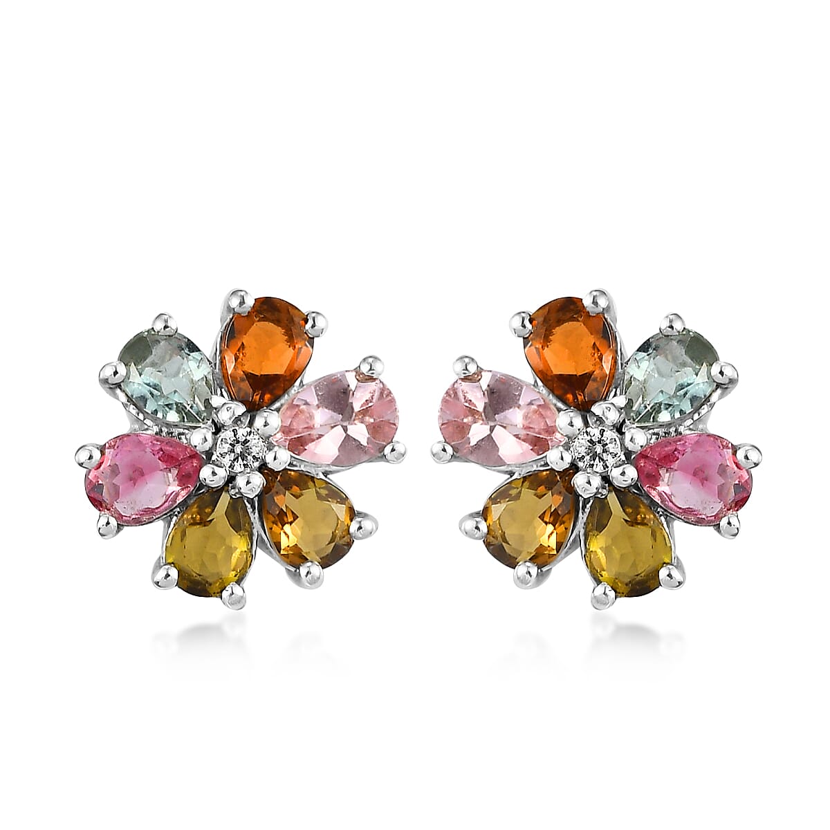 Multi-Tourmaline and Natural White Zircon Floral Stud Earrings in Platinum Over Sterling Silver 1.65 ctw