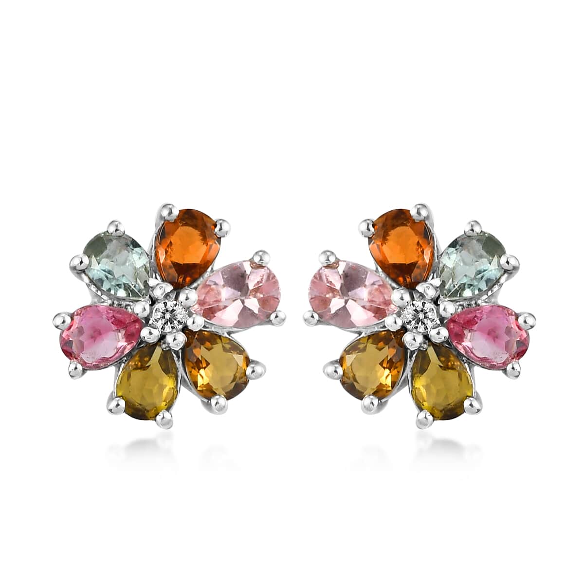 Multi-Tourmaline and Natural White Zircon Floral Stud Earrings in Platinum Over Sterling Silver 1.65 ctw image number 0