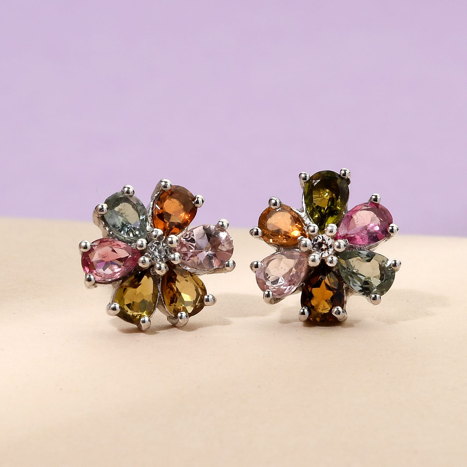 Multi-Tourmaline and Natural White Zircon Floral Stud Earrings in Platinum Over Sterling Silver 1.65 ctw
