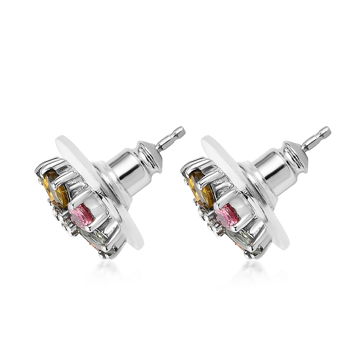 Multi-Tourmaline and Natural White Zircon Floral Stud Earrings in Platinum Over Sterling Silver 1.65 ctw