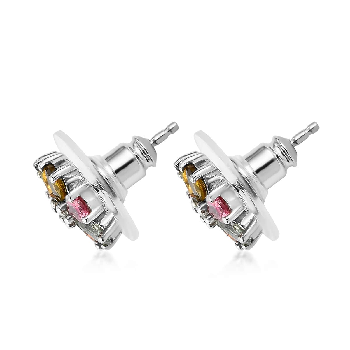 Multi-Tourmaline and Natural White Zircon Floral Stud Earrings in Platinum Over Sterling Silver 1.65 ctw image number 3