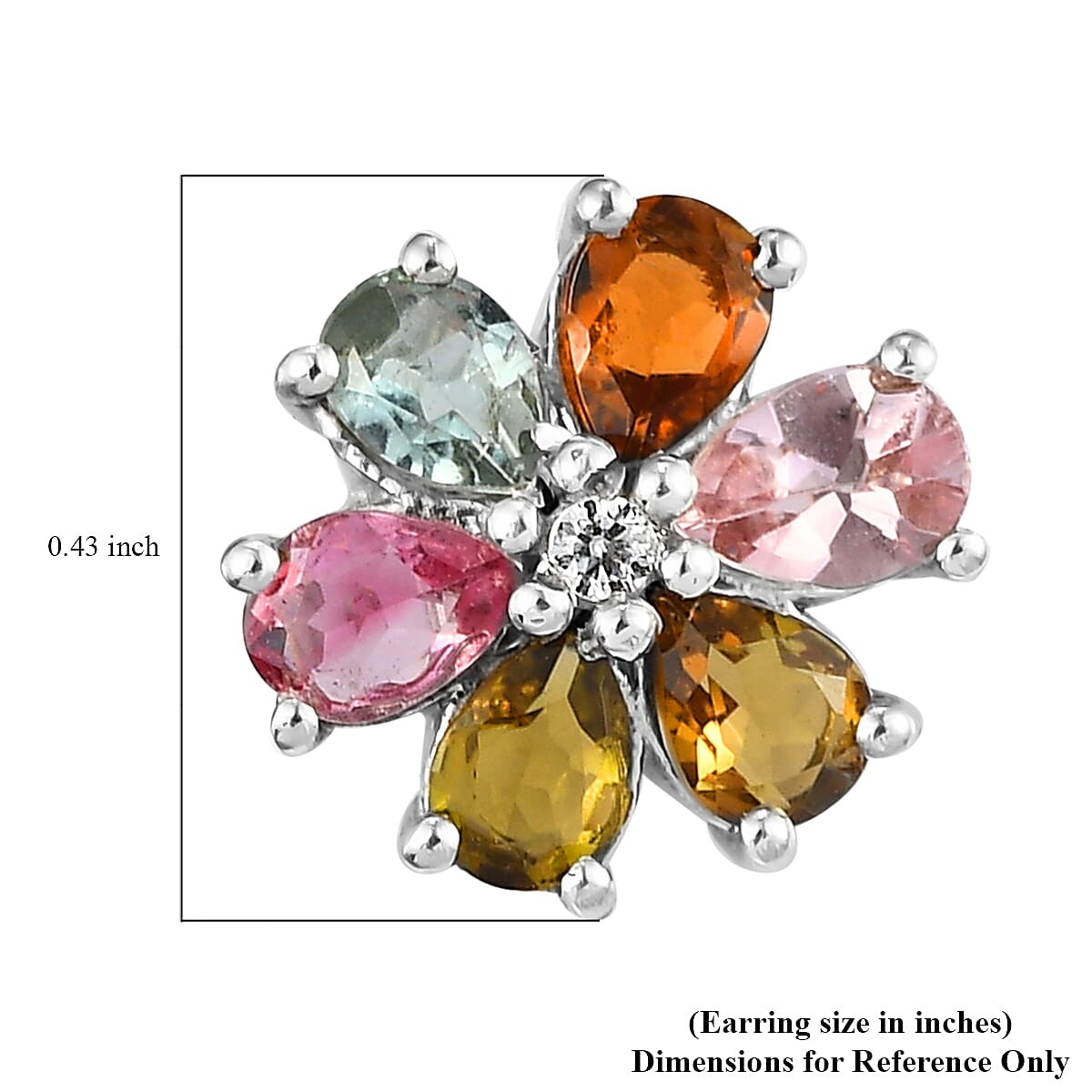 Multi-Tourmaline and Natural White Zircon Floral Stud Earrings in Platinum Over Sterling Silver 1.65 ctw