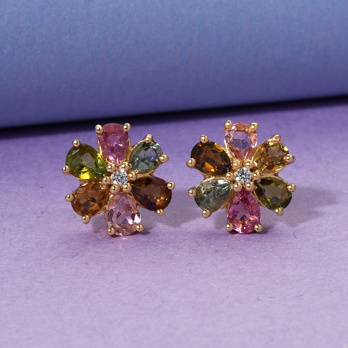 Multi-Tourmaline and Natural White Zircon Floral Stud Earrings in Vermeil Yellow Gold Over Sterling Silver 1.65 ctw image number 1