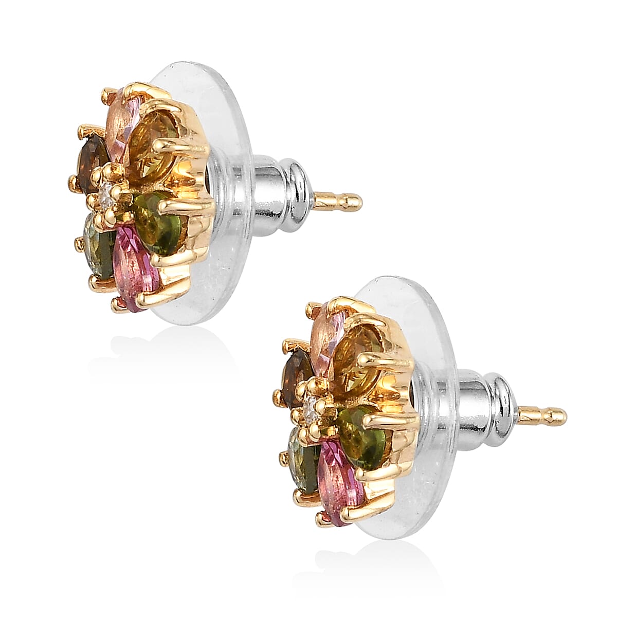 Multi-Tourmaline and Natural White Zircon Floral Stud Earrings in Vermeil Yellow Gold Over Sterling Silver 1.65 ctw image number 3
