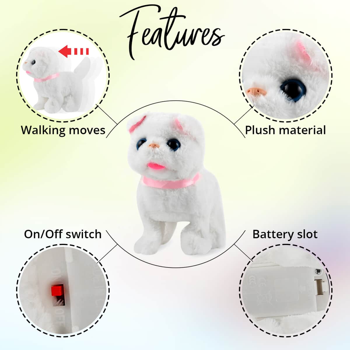 White Electric Walking Plush Cat (6.3"x6.3"x2.8'') Battery 2xAA (Not Included) image number 2