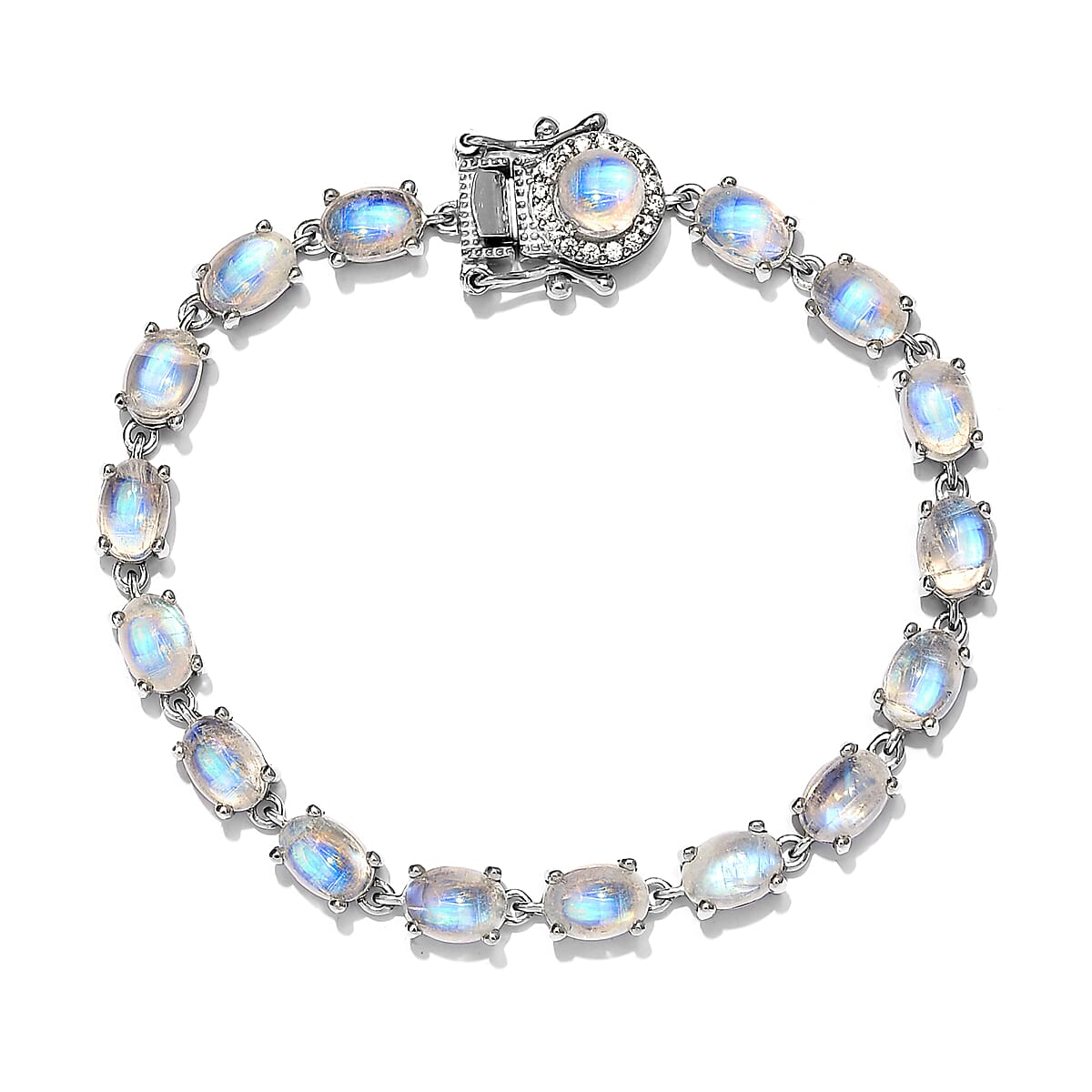 Kuisa Rainbow Moonstone and Natural White Zircon Bracelet in Platinum Over Sterling Silver (6.50 In) 8.55 Grams 18.40 ctw