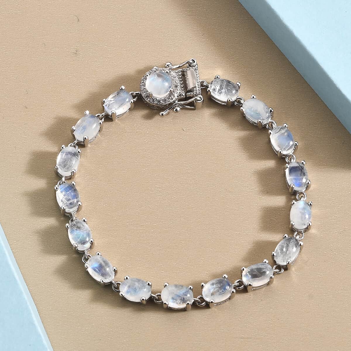 Kuisa Rainbow Moonstone, Natural White Zircon Bracelet in Platinum Over Sterling Silver (6.50 In) (8.55 g) 18.40 ctw image number 1