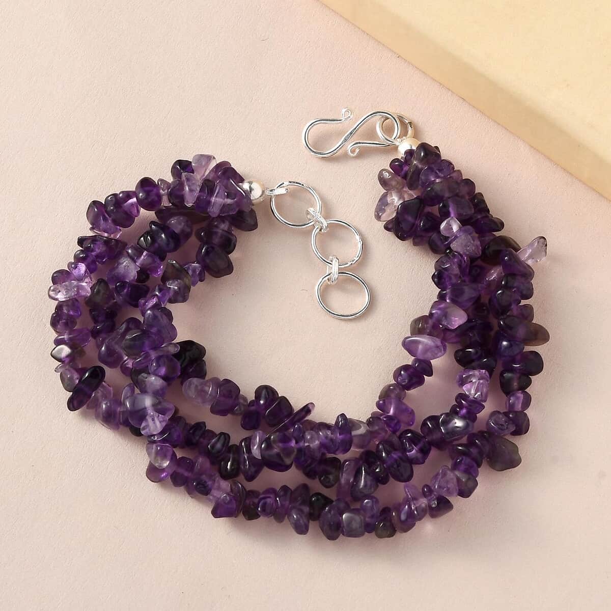 Amethyst Chips Multi Strand Bracelet in Platinum Over Sterling Silver (7.25 In) 92.20 ctw image number 1