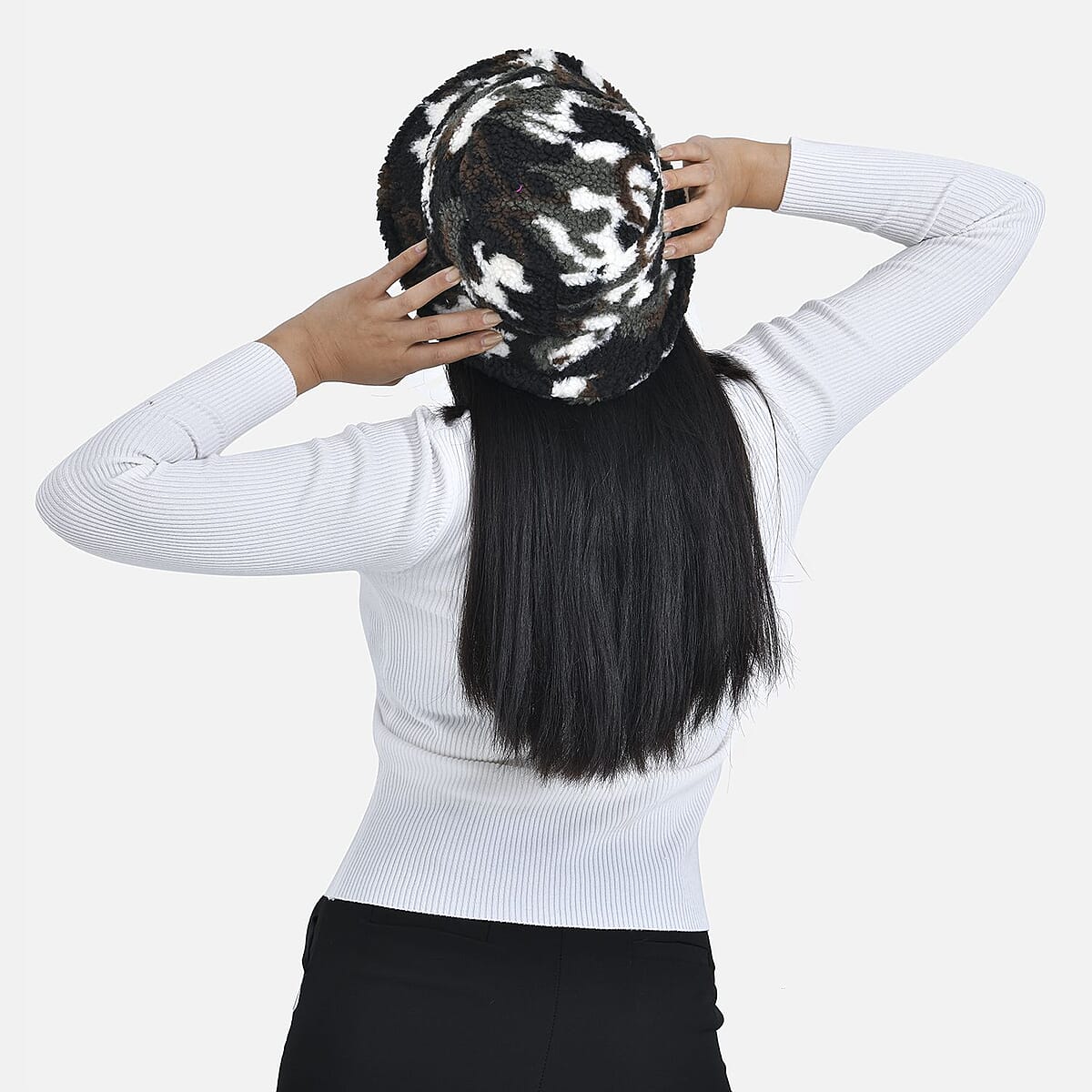 Black Camo Faux Fur Bucket Hat for Women | Round Hat | Women Hat | Sun Hats image number 1