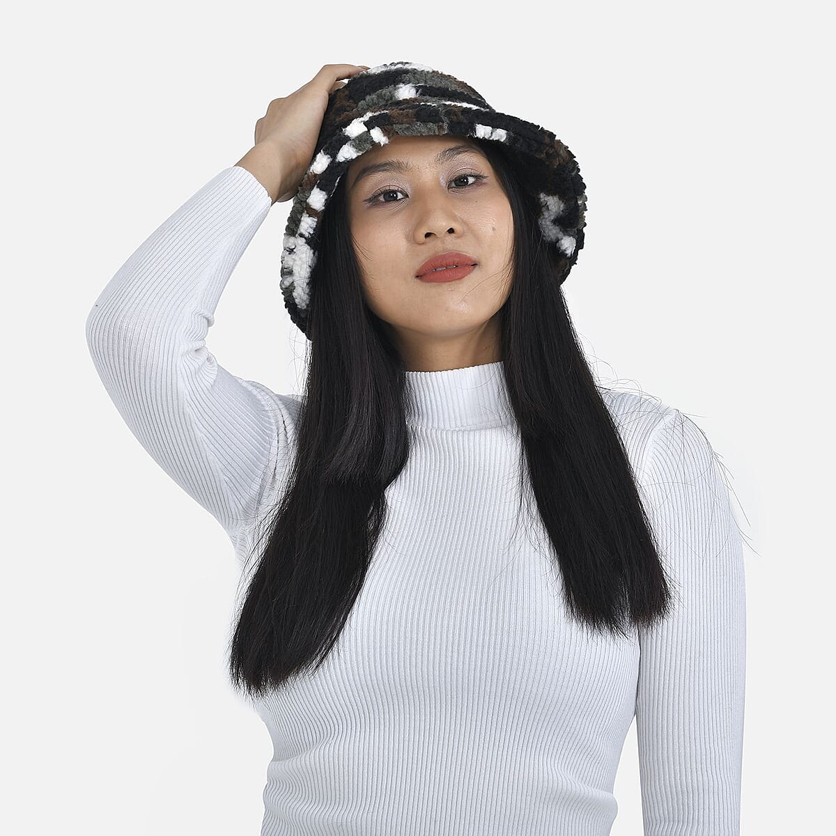 Black Camo Faux Fur Bucket Hat for Women | Round Hat | Women Hat | Sun Hats image number 4